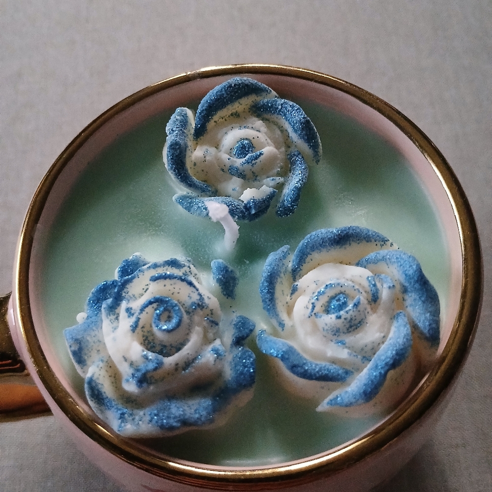 Cute Blue Glitter Rose Cup Candle - Picture 2 of 6